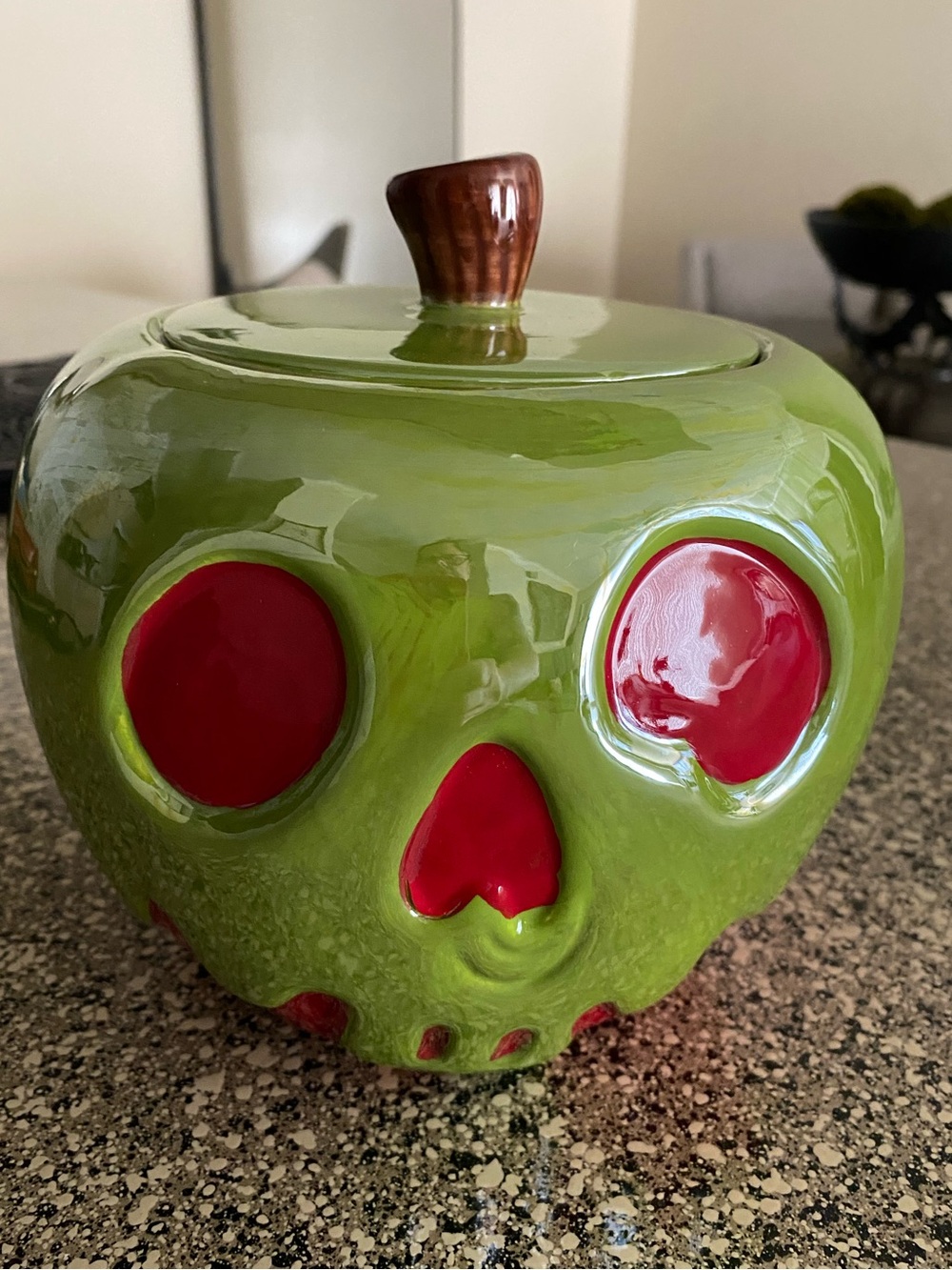 Green Skull Apple Ceramic Candy Jar with Red Accents